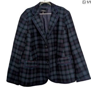 Talbots Plaid 2 Button Blazer Womens Size 20W Blue Green Tartan Wool Blend